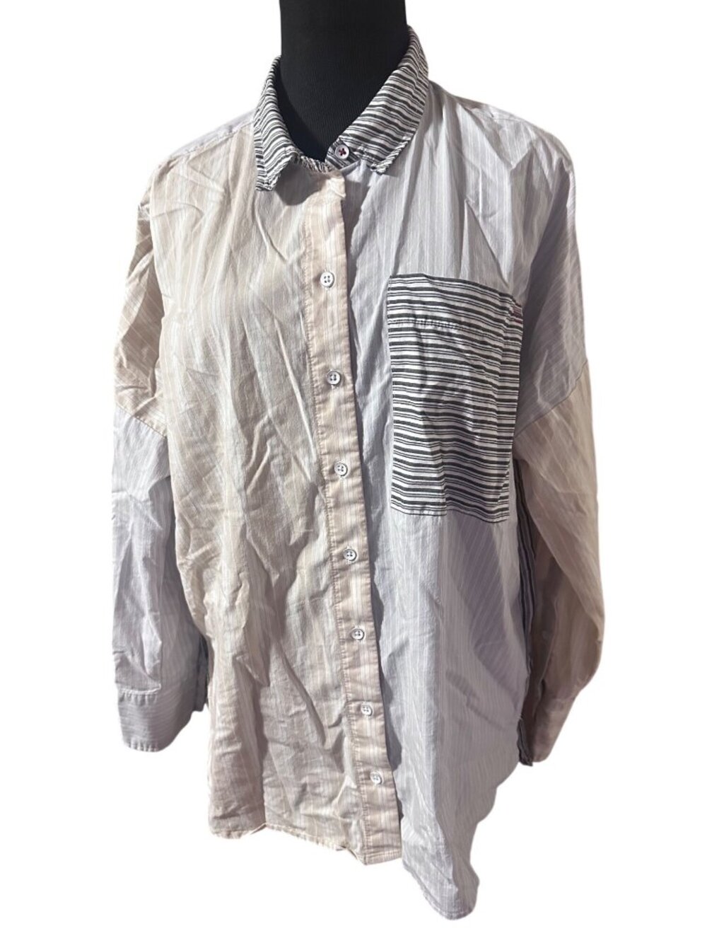 BDG tan blue and gray color block stripped button up shirt size S-P